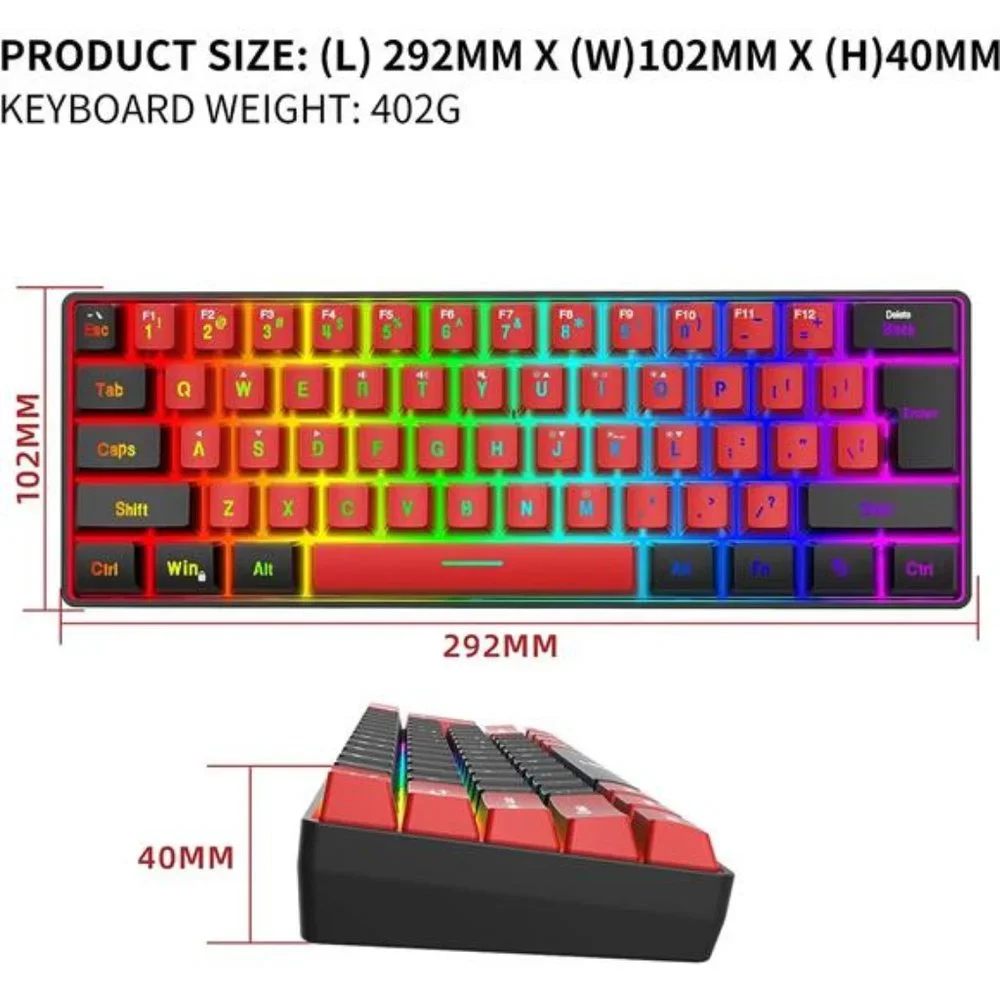 60%Wired Gaming Keyboard,True RGB Mini Keyboard,Waterproof Small Compact 61 Keys